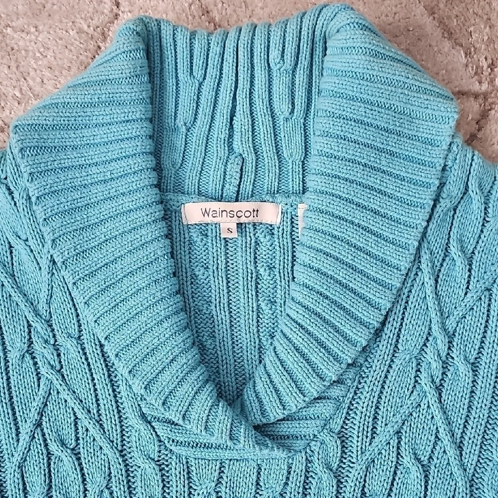 Blue Cowl Neck Cable Knit Sweater